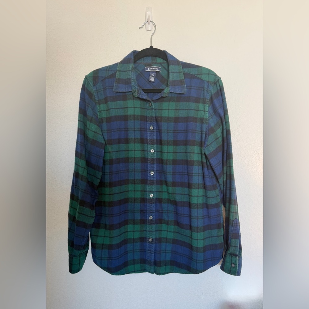Lands' End Women's Green and Blue Flannel Plaid Button Down Shirt